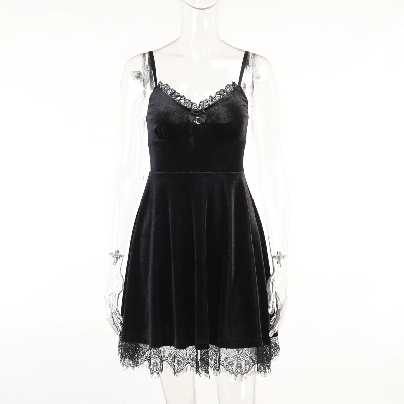 Sexy Women's Black Lace Satin Dress / Gothic Strap A-Line Sundress with Bow Decorated - HARD'N'HEAVY