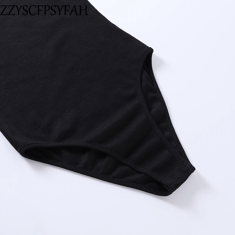 Close-up of a sexy women's black off-shoulder ribbed bodysuit highlighting its soft fabric and aesthetic design.
