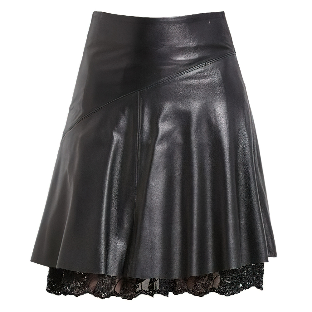 Gothic women's black PU leather high waist mini skirt with lace detail for a stylish vintage look.