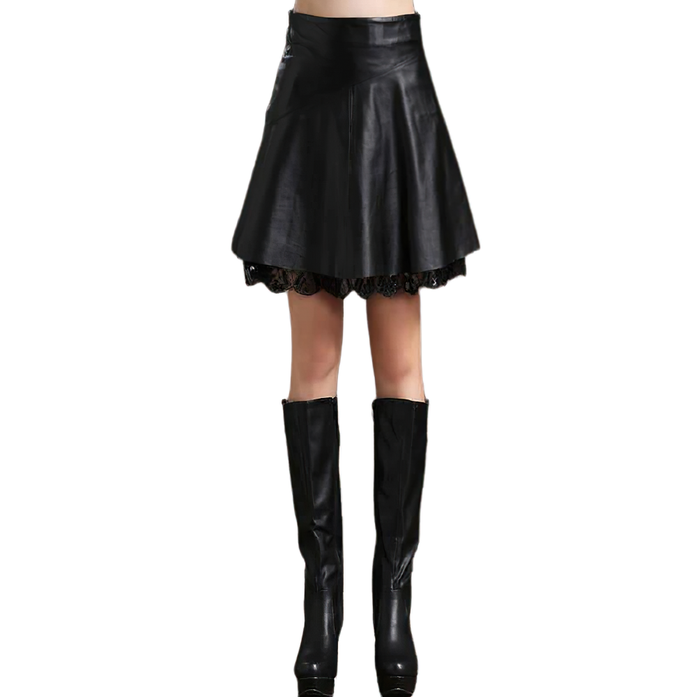 Sexy Women's Black PU Leather High Waist Skirt / Vintage Ladies Short Skirts with Lace - HARD'N'HEAVY