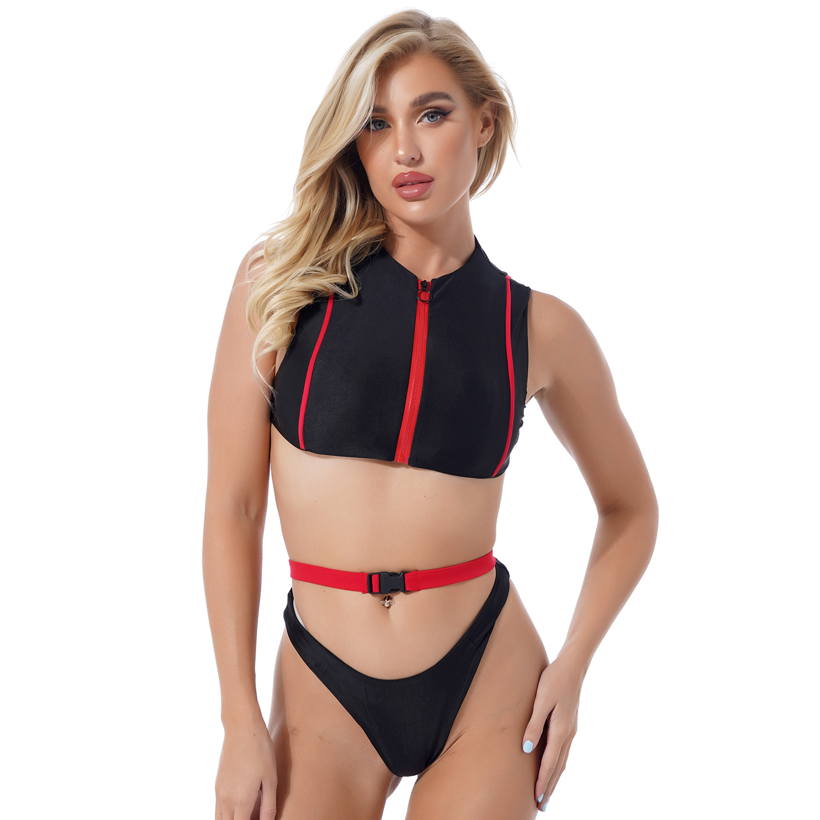 Sexy women's black swimwear with red accents, featuring a sleeveless crop top and high waist panties.