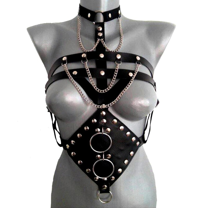Sexy black leather body harness with chains and rivets for gothic style fashion, perfect for performances or personal use.