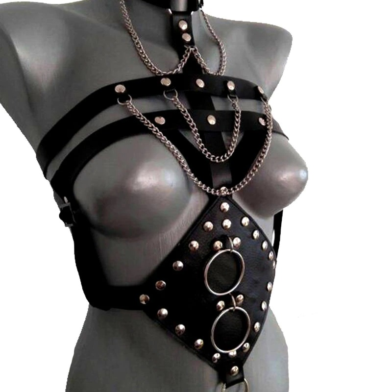 Gothic black leather body harness for women, featuring chains and metal studs, perfect for performances and photoshoots.