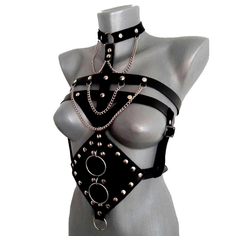 Black leather body harness for women with chains and rivets, perfect for gothic style outfits and performances.