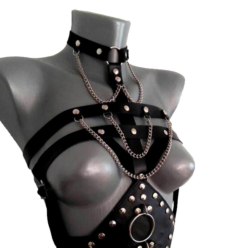 Black leather body harness with metal chains and rivets, perfect for gothic style outfits and performances.