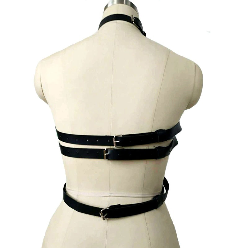 Back view of a sexy women's black leather body harness featuring adjustable straps and metal buckles.