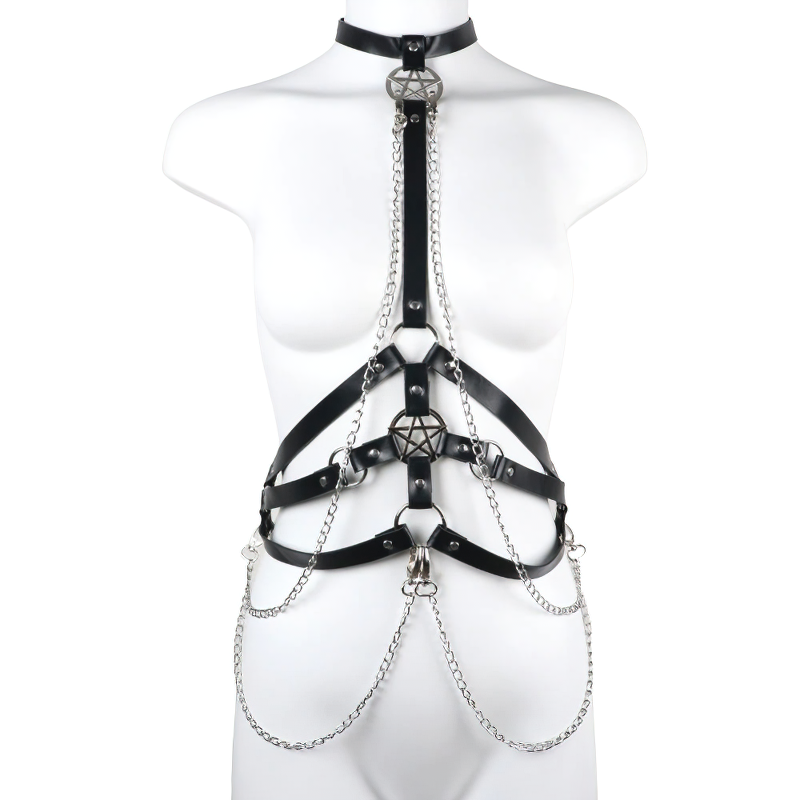 Sexy women's gothic chain harness with pentagram, stylish black leather and silver chains emphasizing your figure.