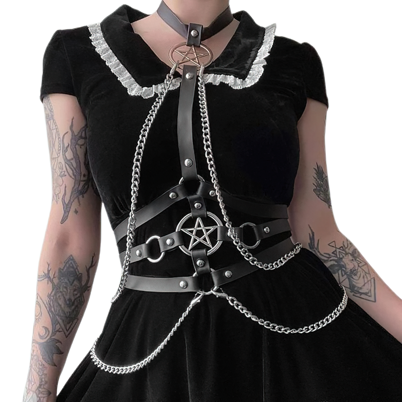 Sexy women's gothic chain harness with pentagram, showcasing elegance and bold style on a model.