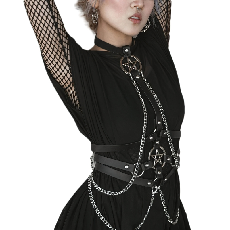 Women's sexy gothic chain harness with pentagram, adding elegance and style to any outfit.