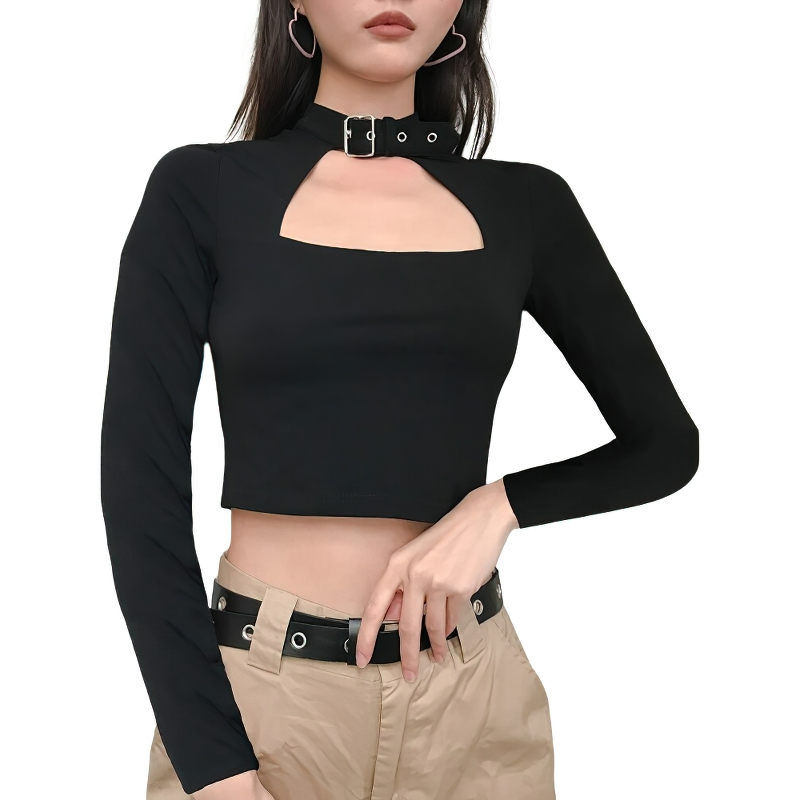 Sexy Women's Crop Solid Long Sleeve Top / Gothic Black Female Cut Out Tops - HARD'N'HEAVY