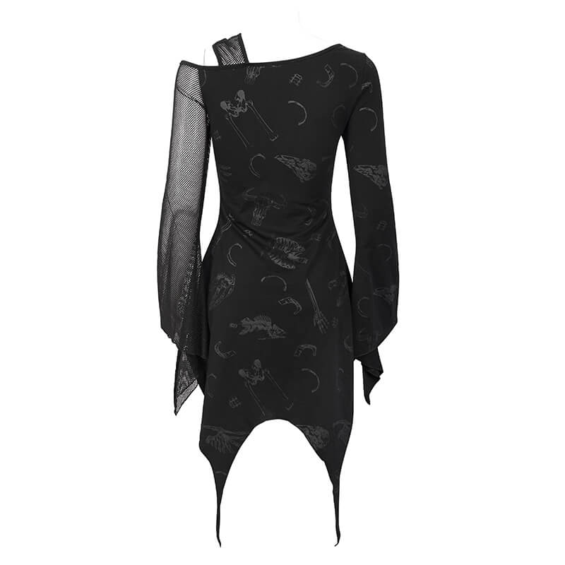 Stylish black asymmetrical gothic dress with mesh sleeve and unique alternative print.