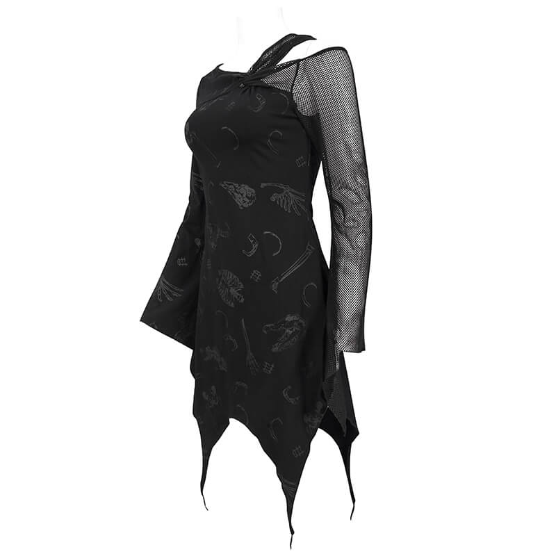Sexy Women's Dress with Mesh Sleeve & Alternative Print / Gothic Asymmetrical Short Dress - HARD'N'HEAVY