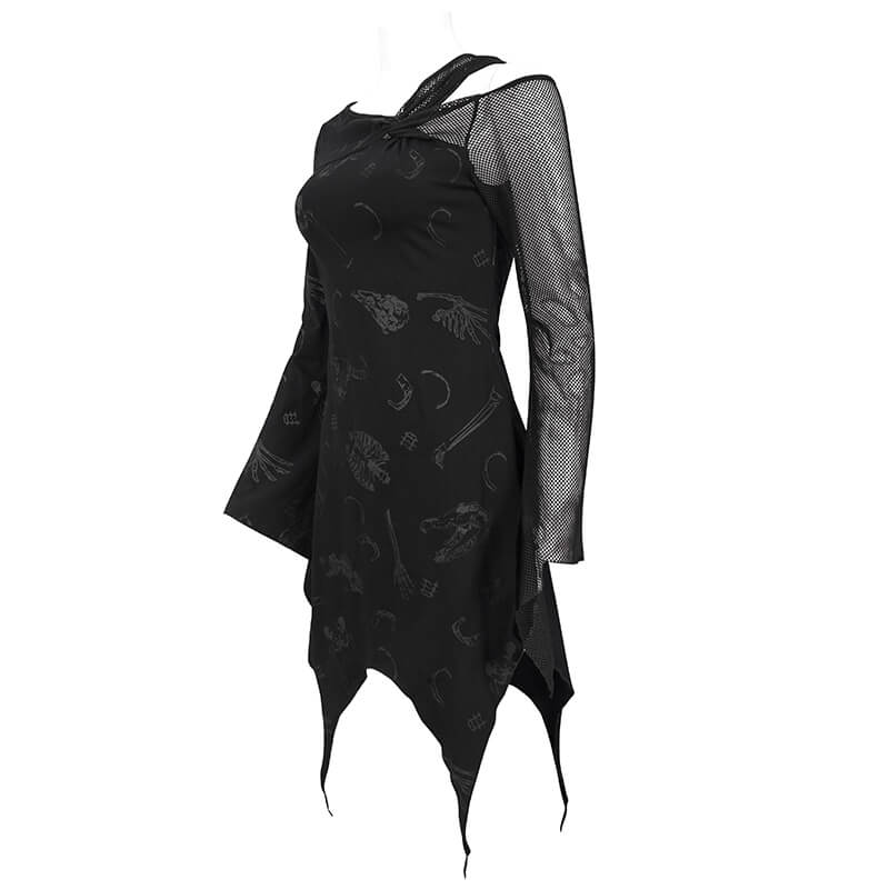 Black gothic asymmetrical dress with mesh sleeve, stylish alternative print for women's fashion.