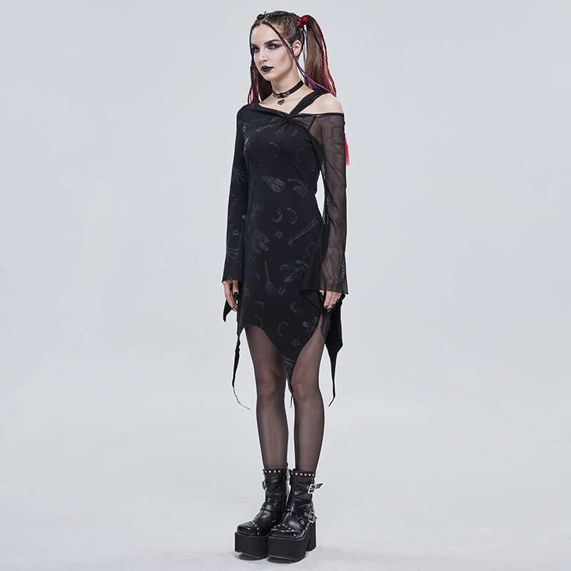 Gothic asymmetrical black dress with mesh sleeves, showcasing a stylish alternative print and edgy design.