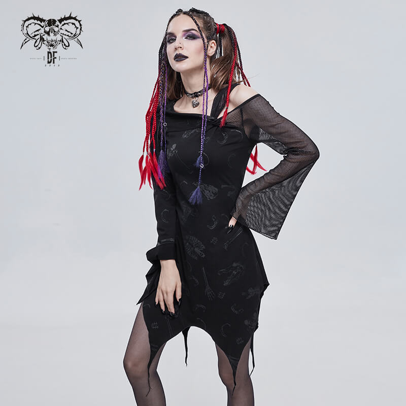 Stylish gothic women's black asymmetrical dress with mesh sleeves and unique design, perfect for alternative fashion.