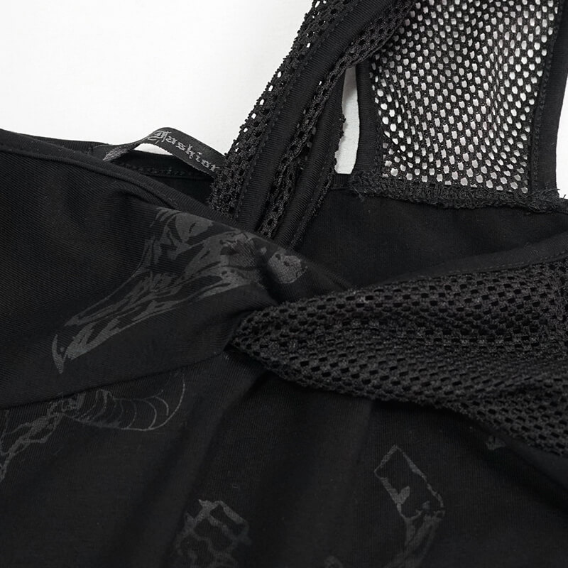 Close-up of black gothic dress showcasing mesh sleeve and unique print details for a stylish look.