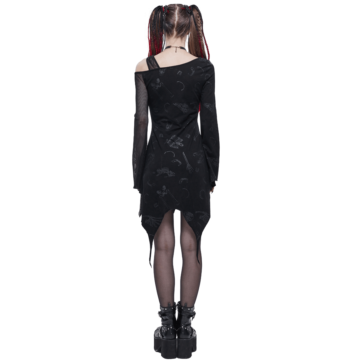 Sexy Women's Dress with Mesh Sleeve & Alternative Print / Gothic Asymmetrical Short Dress - HARD'N'HEAVY