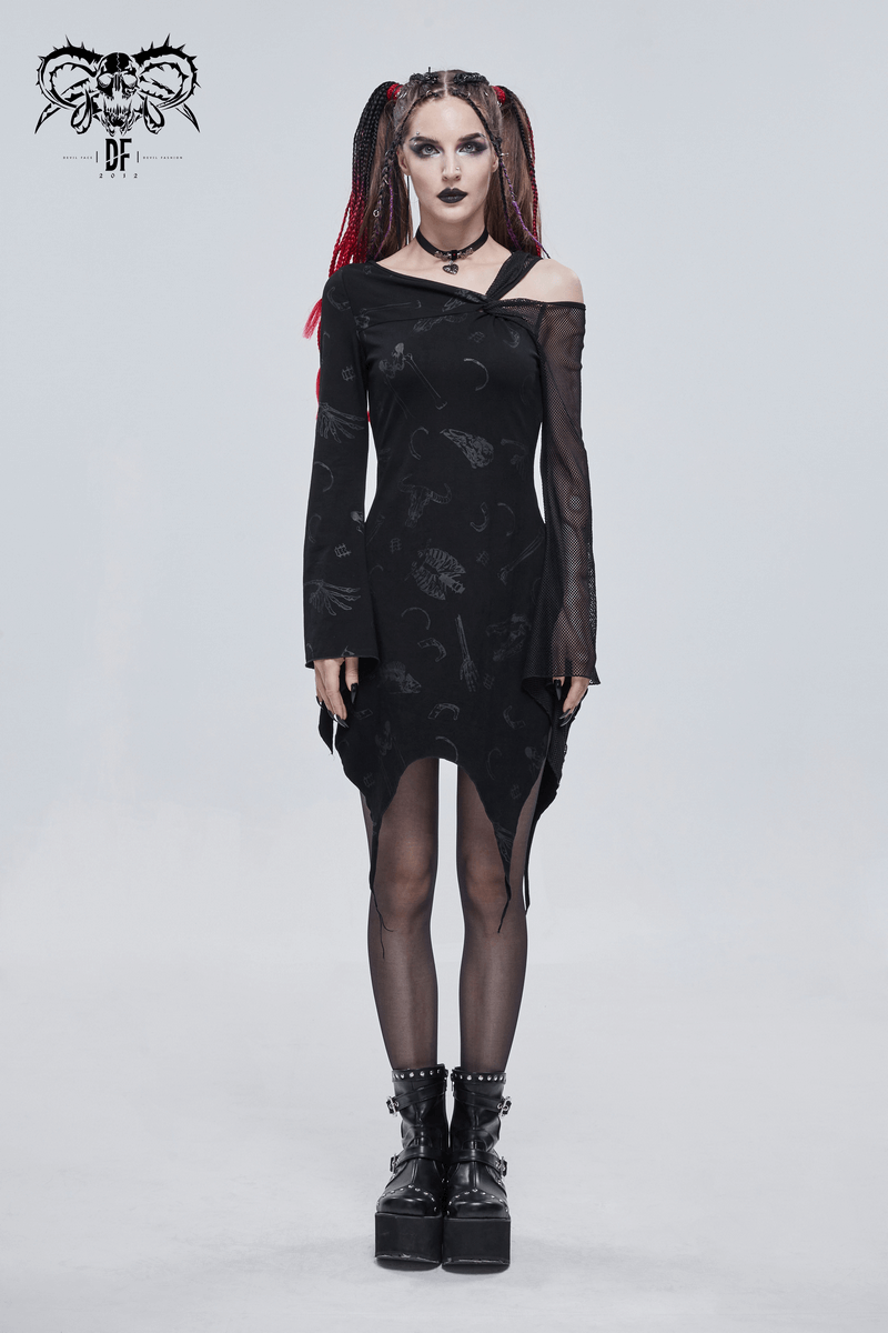 Gothic women's asymmetrical black dress with mesh sleeves, stylish and edgy alternative fashion.