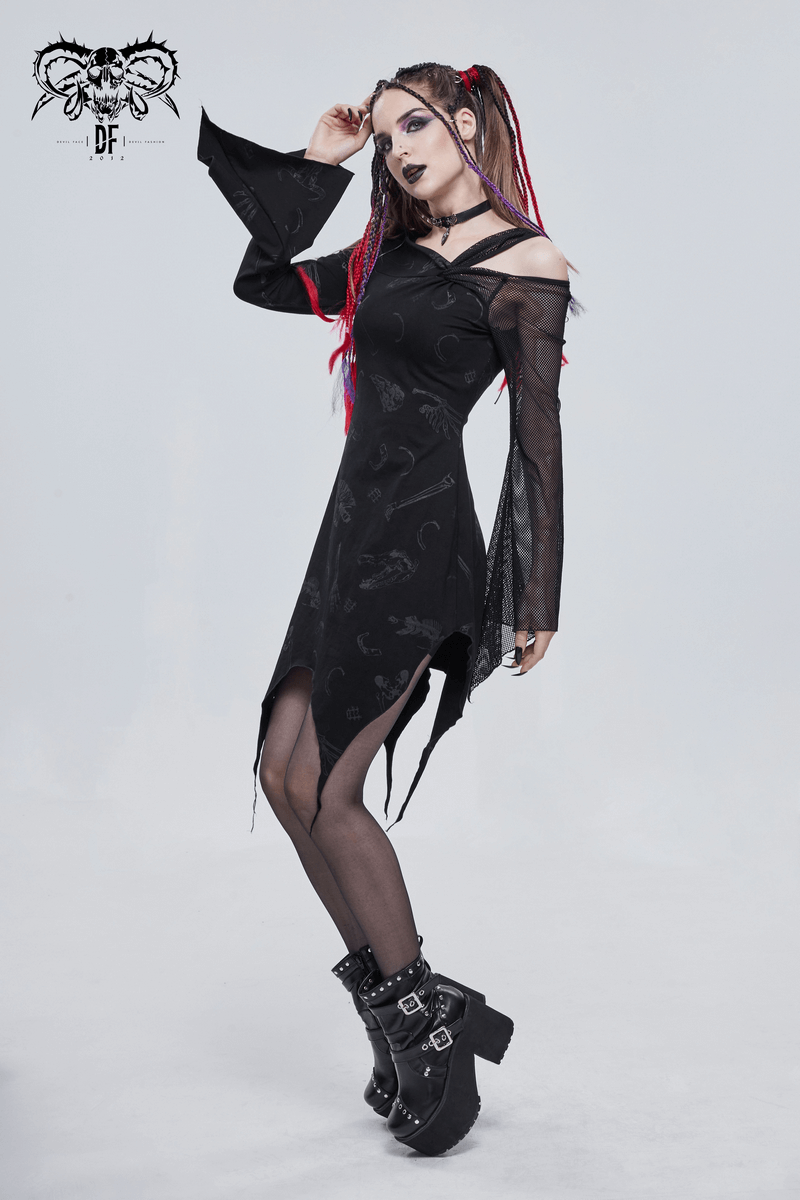 Gothic asymmetrical women's black dress with mesh sleeves, stylish design, and edgy boots for a bold look.