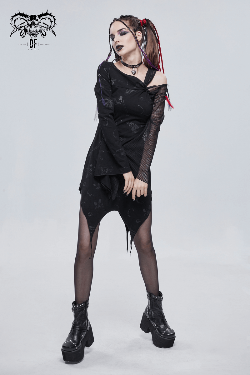 Gothic women's black asymmetrical dress with mesh sleeves, styled with edgy accessories and platform boots.
