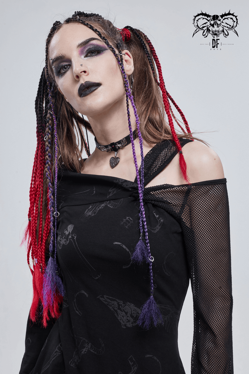 Gothic women's dress with mesh sleeve and unique print, featuring edgy braids and dramatic makeup.