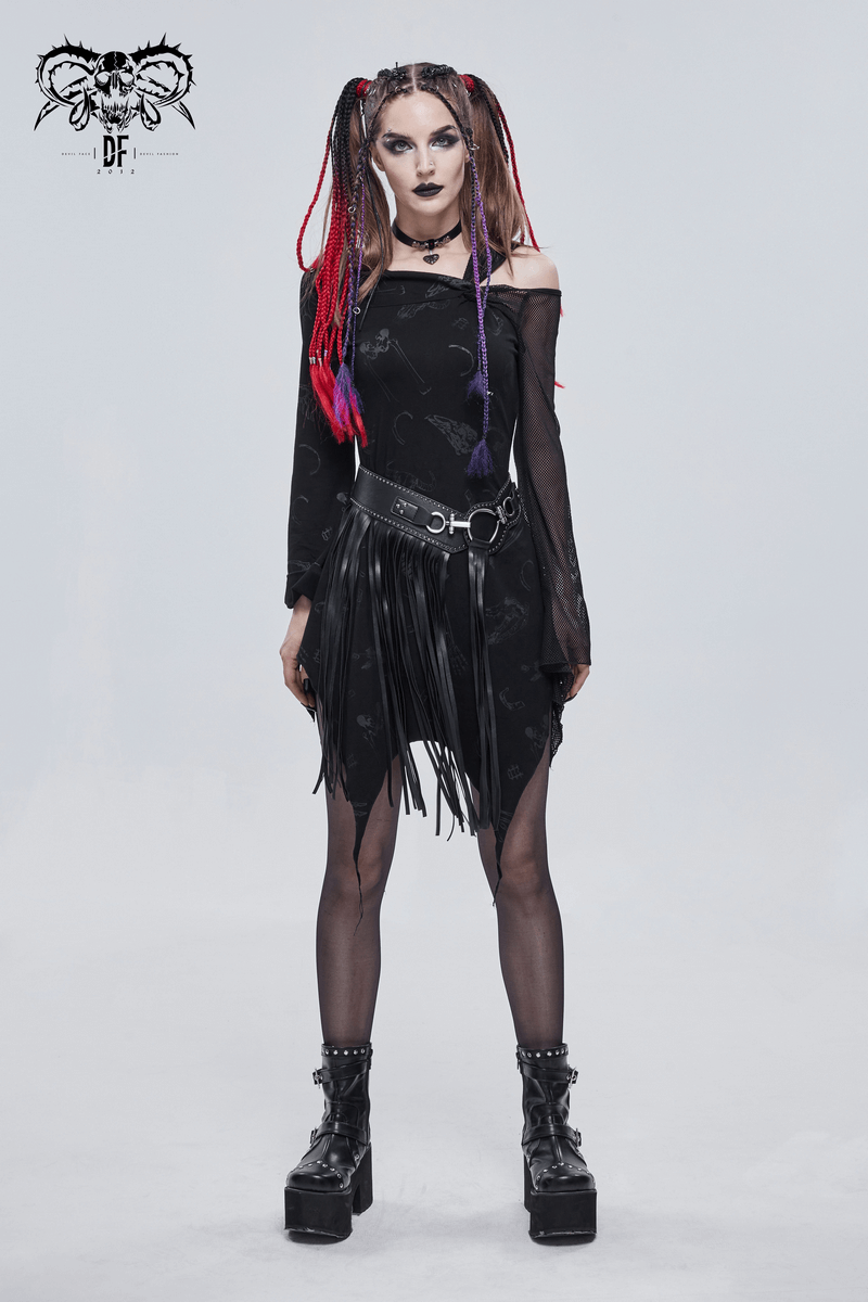 Gothic style woman in a black asymmetrical dress with mesh sleeves and edgy accessories, showcasing unique fashion.