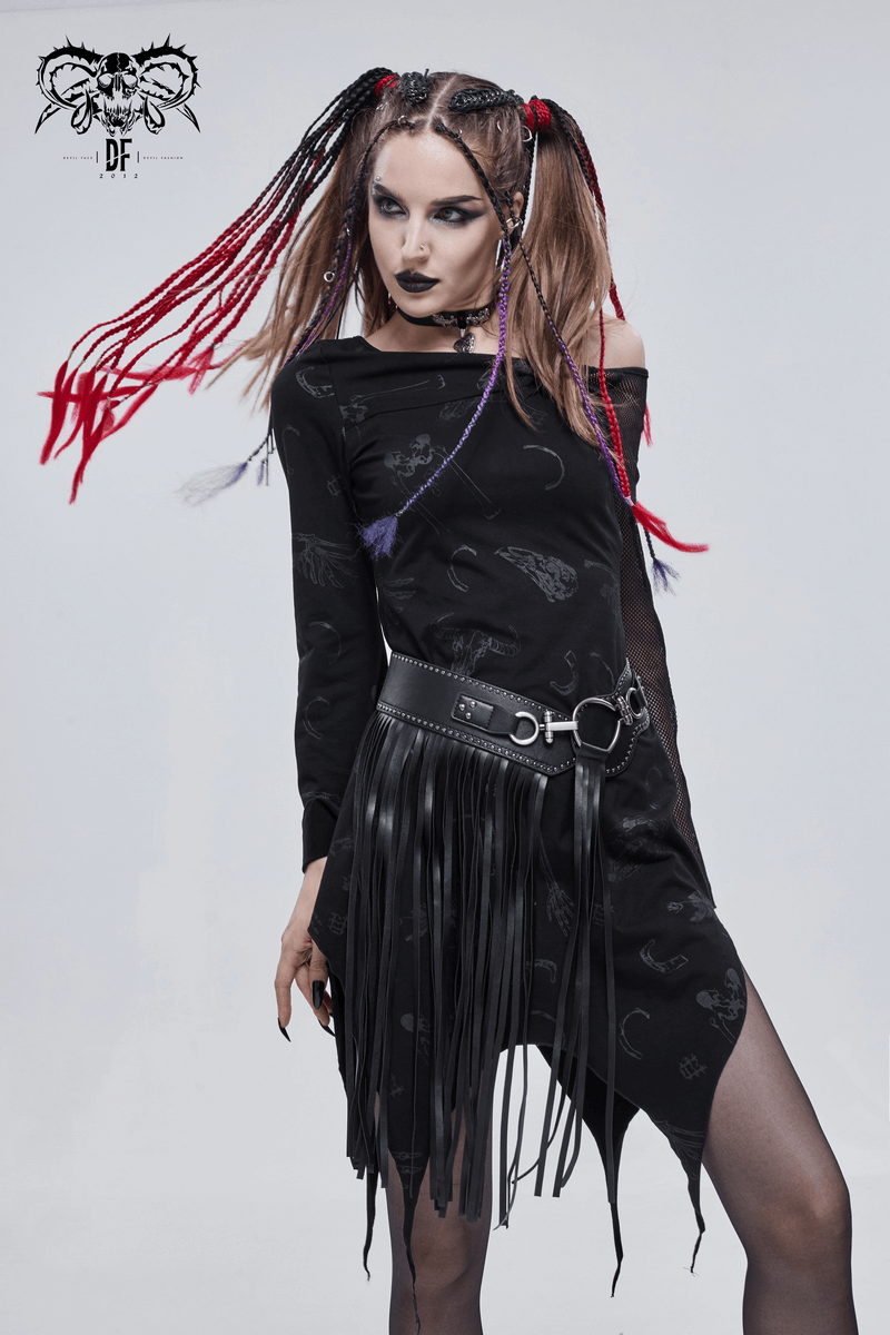 Stylish gothic asymmetrical black dress with mesh sleeve, fringed belt, and edgy hairstyle, perfect for alternative fashion.