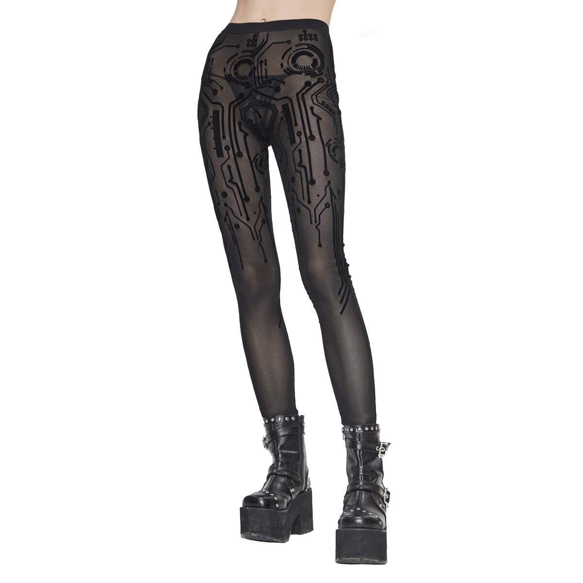 Cyberpunk style women's black leggings with stylish print, perfect for a unique, edgy look.