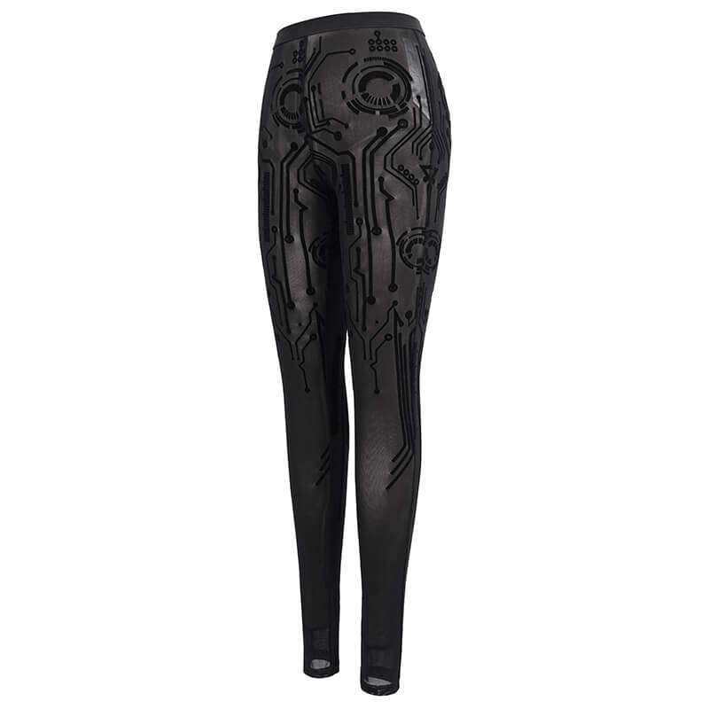 Sexy women's cyberpunk style black leggings with circuit print, perfect for adding flair to your edgy wardrobe.