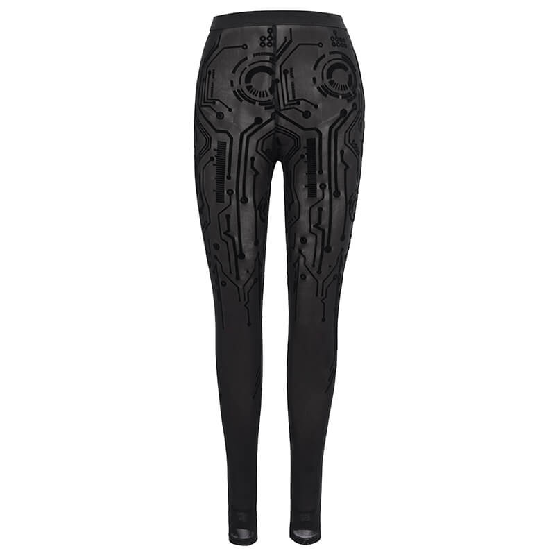 Stylish women's black cyberpunk leggings with unique circuit print, perfect for a trendy wardrobe.