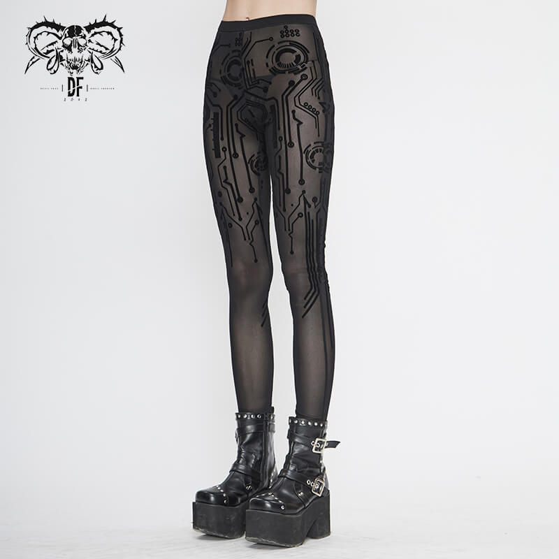 Sexy cyberpunk style women's black mesh leggings with stylish print, perfect for a bold fashion statement.