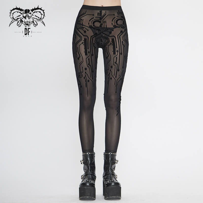 Stylish black mesh leggings with cyberpunk print, perfect for a trendy and edgy look.