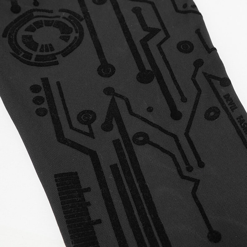 Close-up of stylish black leggings featuring a cyberpunk-inspired circuit print design.