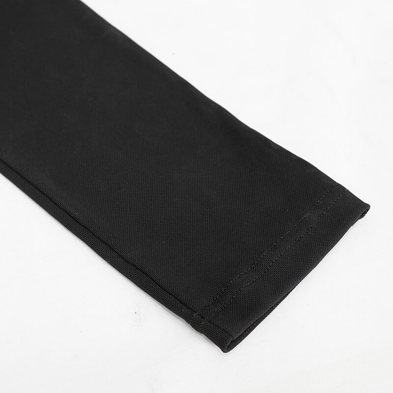 Close-up of stylish black elastic leggings showcasing intricate fabric texture for cyberpunk fashion.