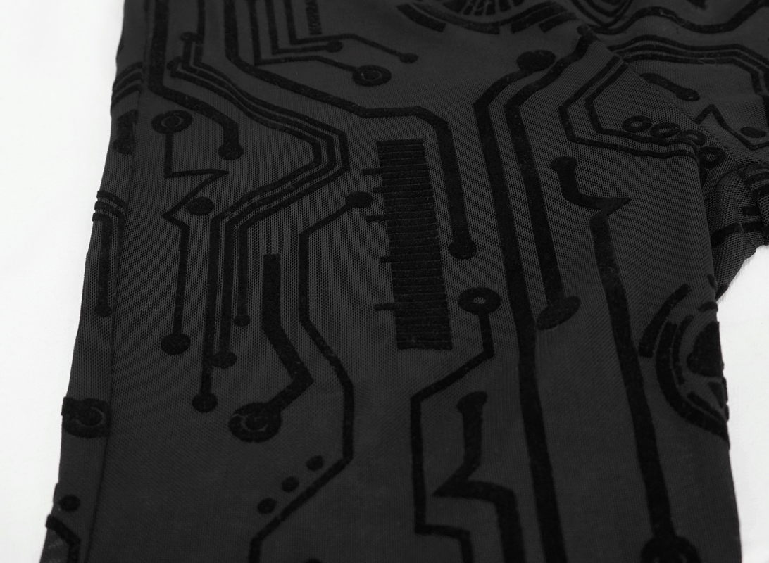 Close-up of black leggings featuring intricate cyberpunk circuit designs and stylish mesh details.