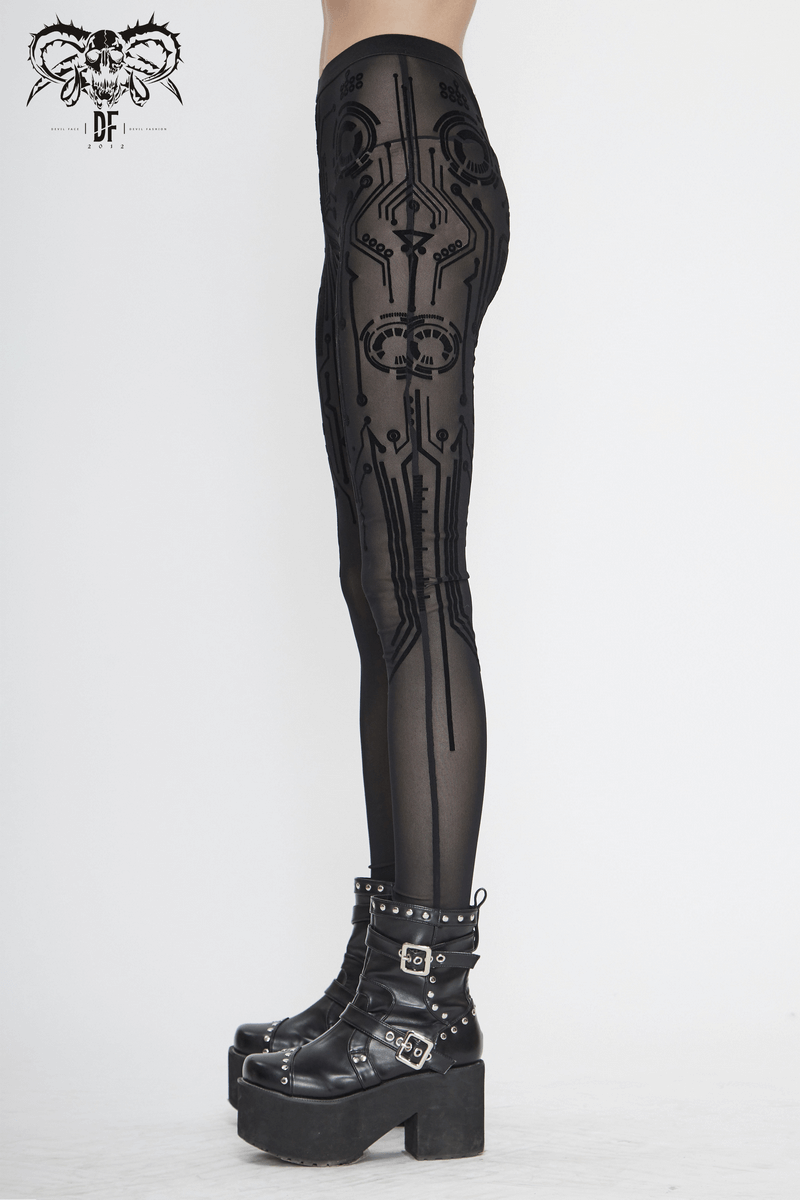 Sexy Women's Elastic Leggings in Cyberpunk style / Ladies Stretch See-through Black Mesh Leggings - HARD'N'HEAVY