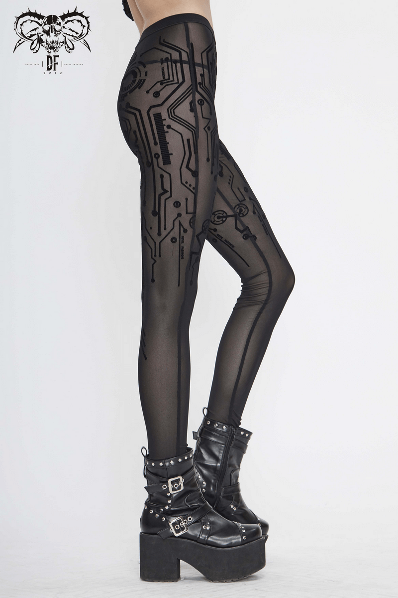 Sexy Women's Elastic Leggings in Cyberpunk style / Ladies Stretch See-through Black Mesh Leggings - HARD'N'HEAVY