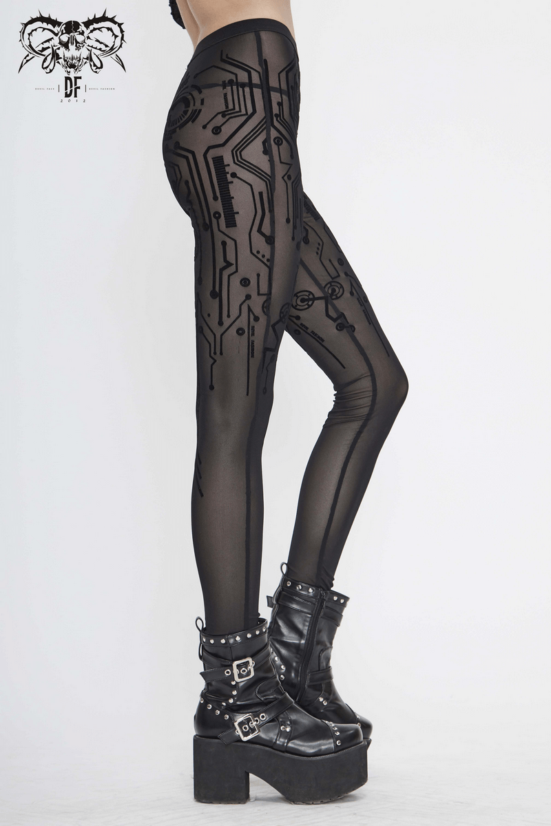 Sexy women's cyberpunk mesh leggings with stylish circuit print, perfect for bold fashion statements.