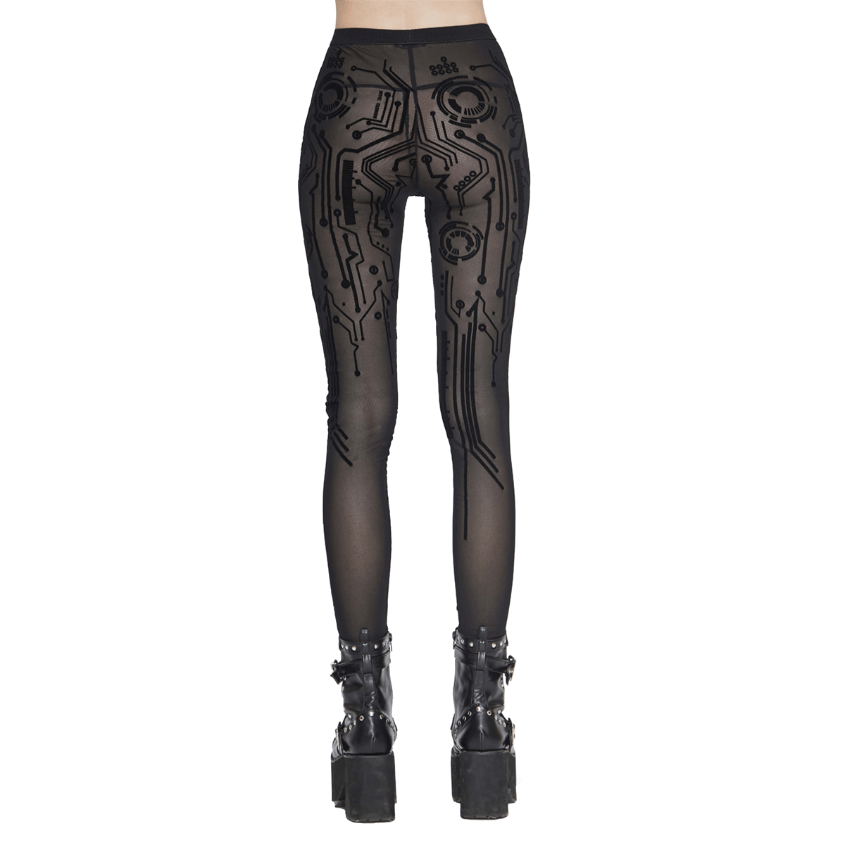 Stylish women's cyberpunk black mesh leggings with circuit print, perfect for edgy fashion lovers.
