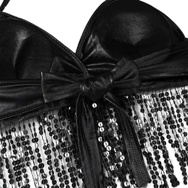 Stylish black bra top with shiny sequins and a ribbon bow detail, perfect for performances and fun nights out.