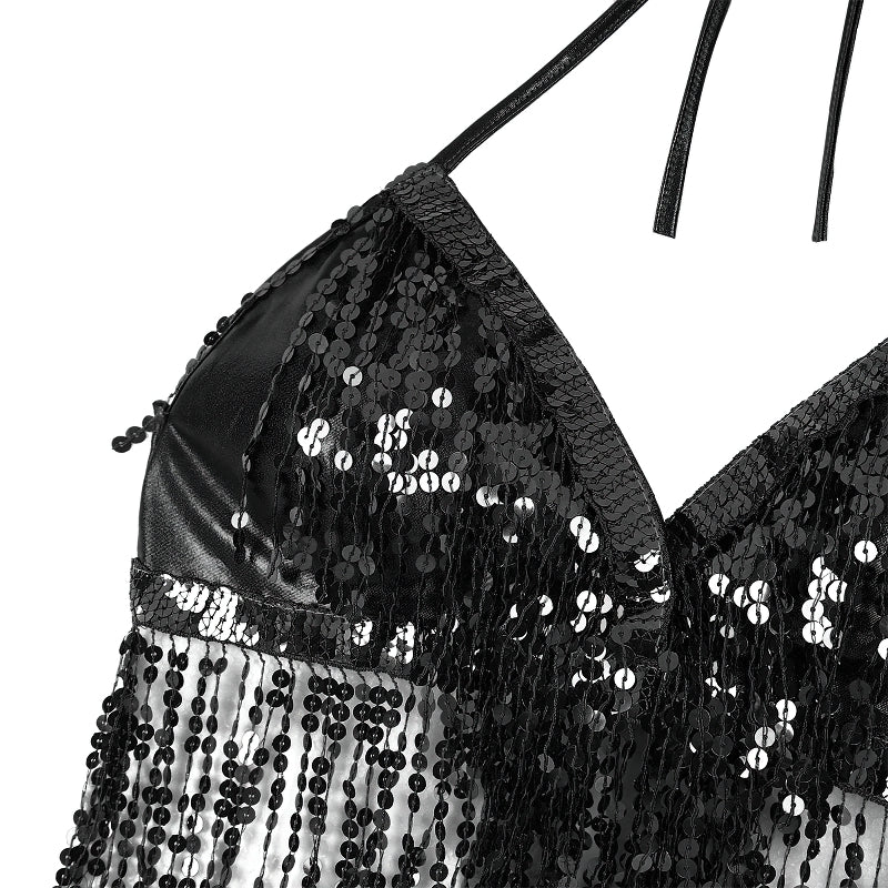 Shiny black sequined crop top with a stylish design, perfect for performances and nights out.