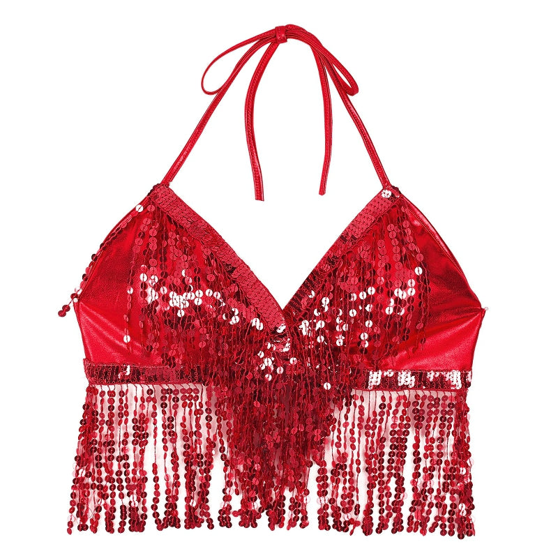 Shiny red sequined crop top with fringe for women's fashion and belly dance performances.