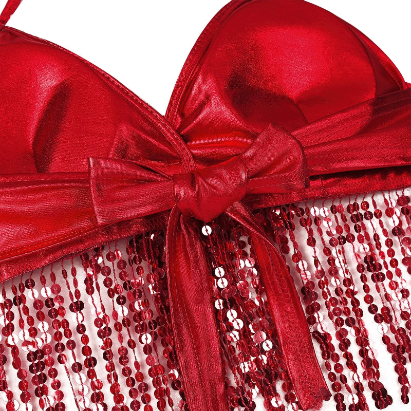 Shiny red sequined bra top with bow, perfect for dance performances or a dazzling night out.