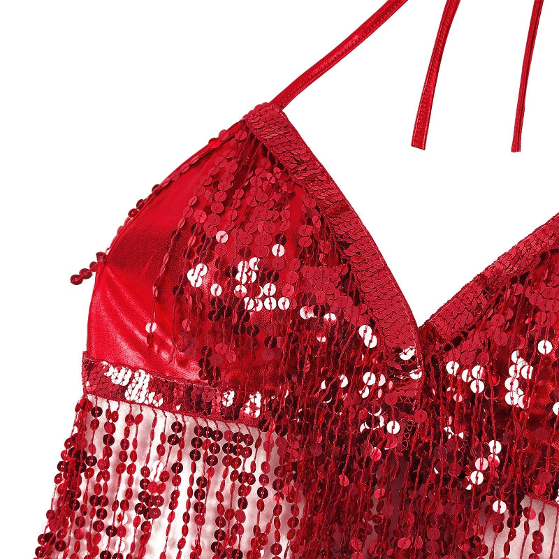 Shiny red sequined bra top perfect for belly dance performances or fun nights out.
