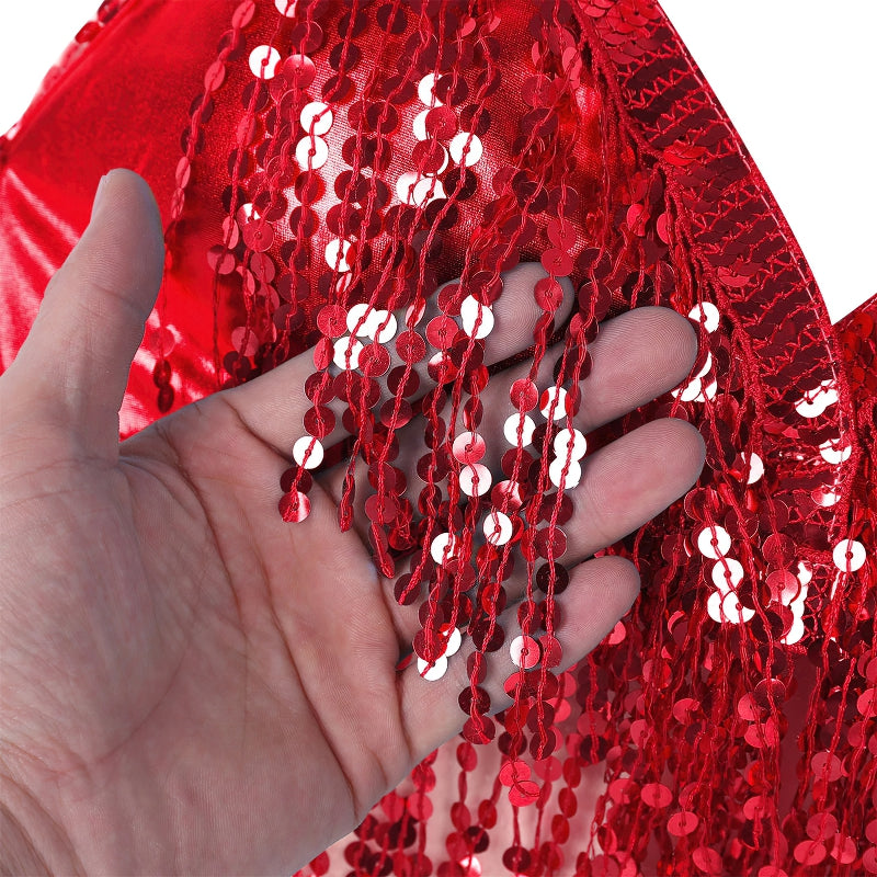 Close-up of red shiny bra top with sequins, showcasing the dazzling details and fringes, perfect for performances.
