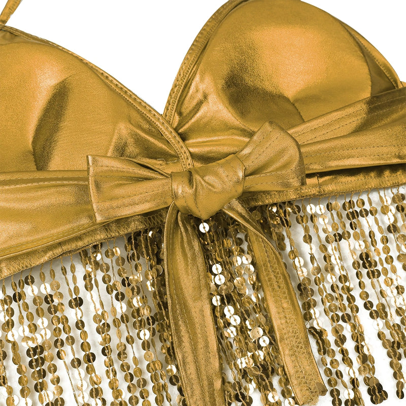 Shiny gold sequined bra top with bow detail, perfect for performances or a fun night out.