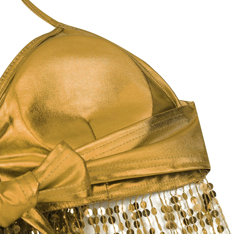 Shiny gold sequined bra top for women's fashion, perfect for performances and fun nights out.