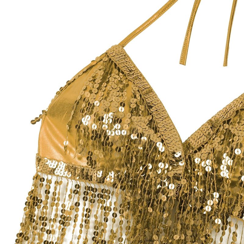 Shiny gold sequined bra top with fringe, perfect for dance performances and night outings.