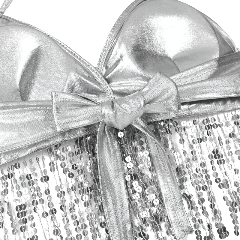 Shiny silver bra top with sequins and bow, perfect for dance or a night out, combining style and comfort.