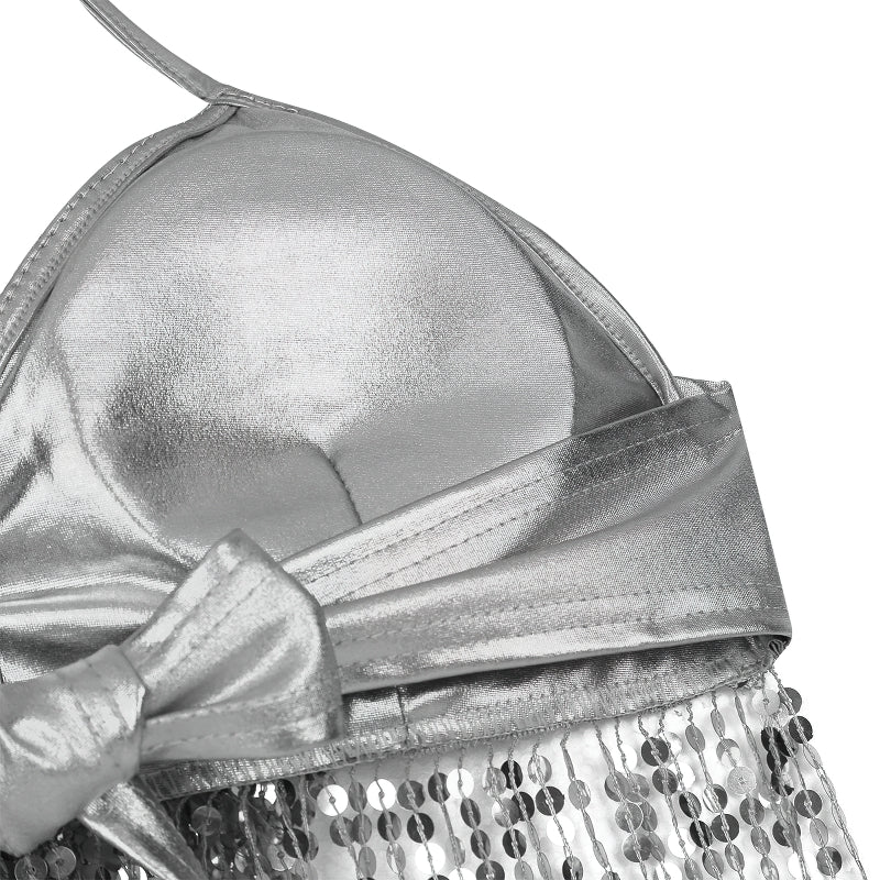 Shiny silver bra top for women with sequins, perfect for performances and nights out.